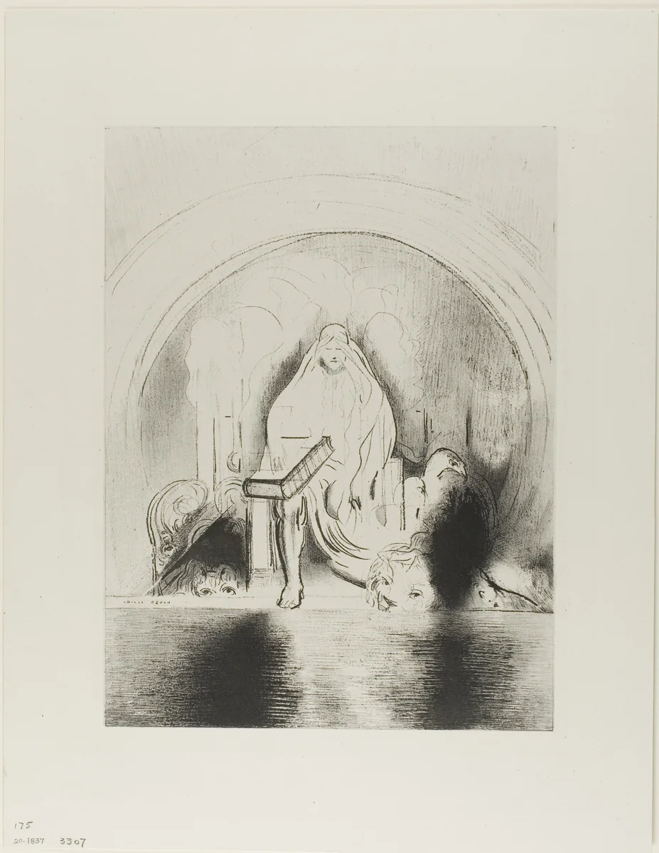 And I Saw in the Right Hand of Him that Sat on the Throne a Book Written Within and On the Backside, Sealed With Seven Seals, plate 2 of 12 by Odilon Redon, print, 1899