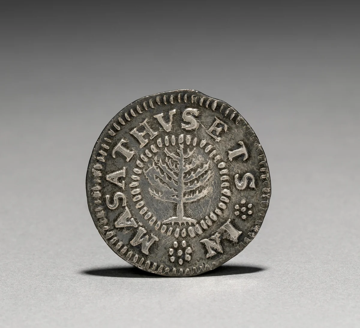 Pine Tree Shilling (obverse) by John Hull, metalwork, 1652