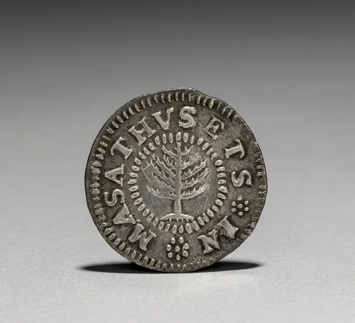 Pine Tree Shilling (obverse) by John Hull, metalwork, 1652