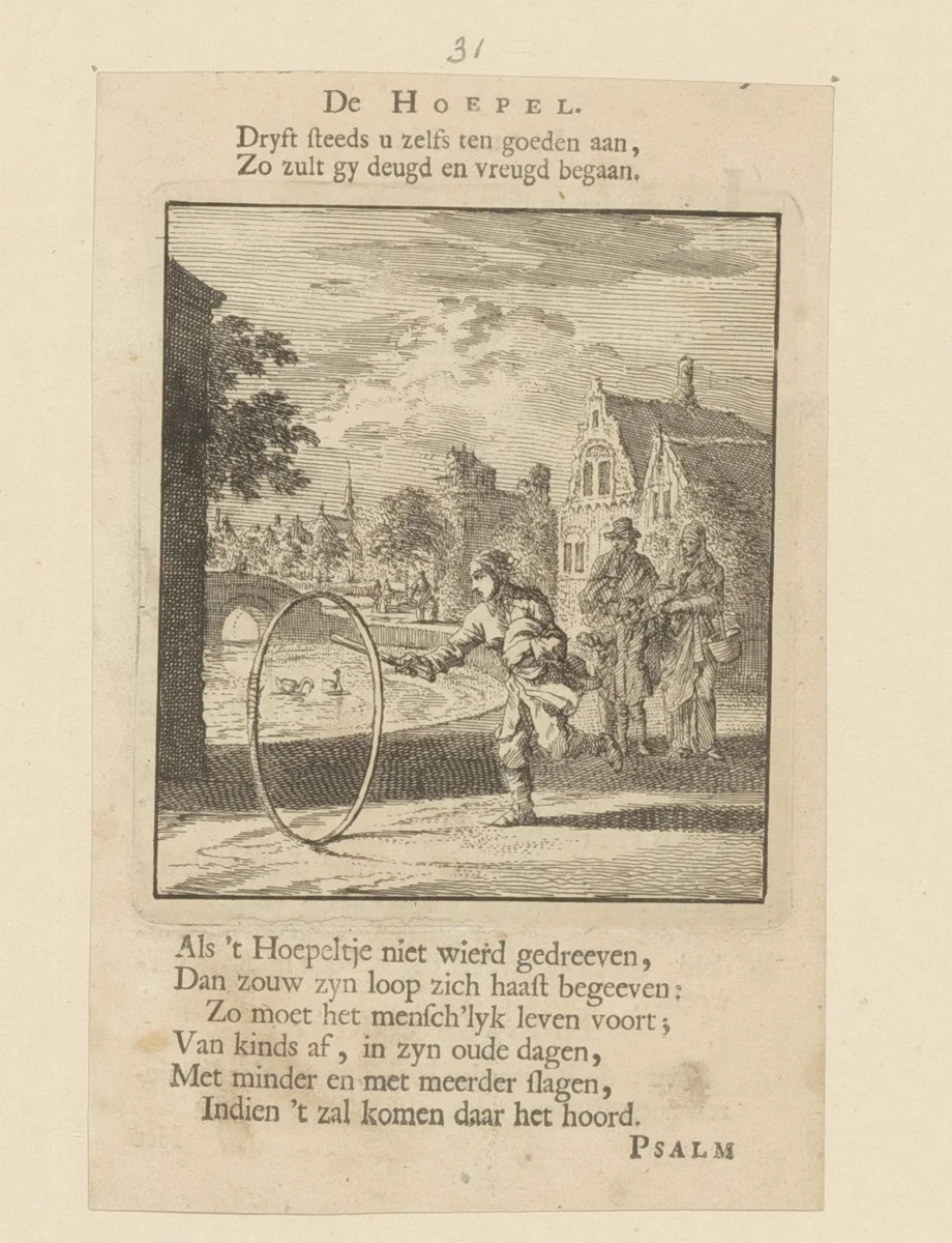 Kind spelend met een hoepel by Jan Luyken, print, 1712
