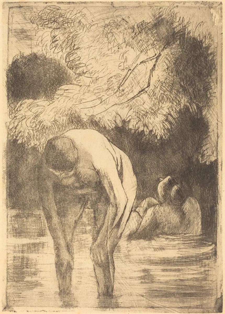 Two Women Bathing (Les deux baigneuses) by Camille Pissarro, print, 1895