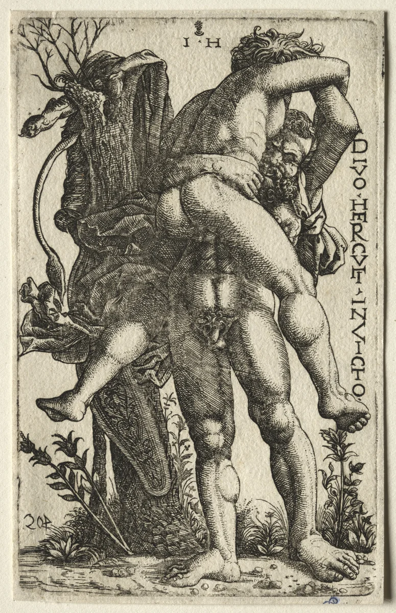 Hercules and Antaeus by Hieronymus Hopfer, print, 1528-1563