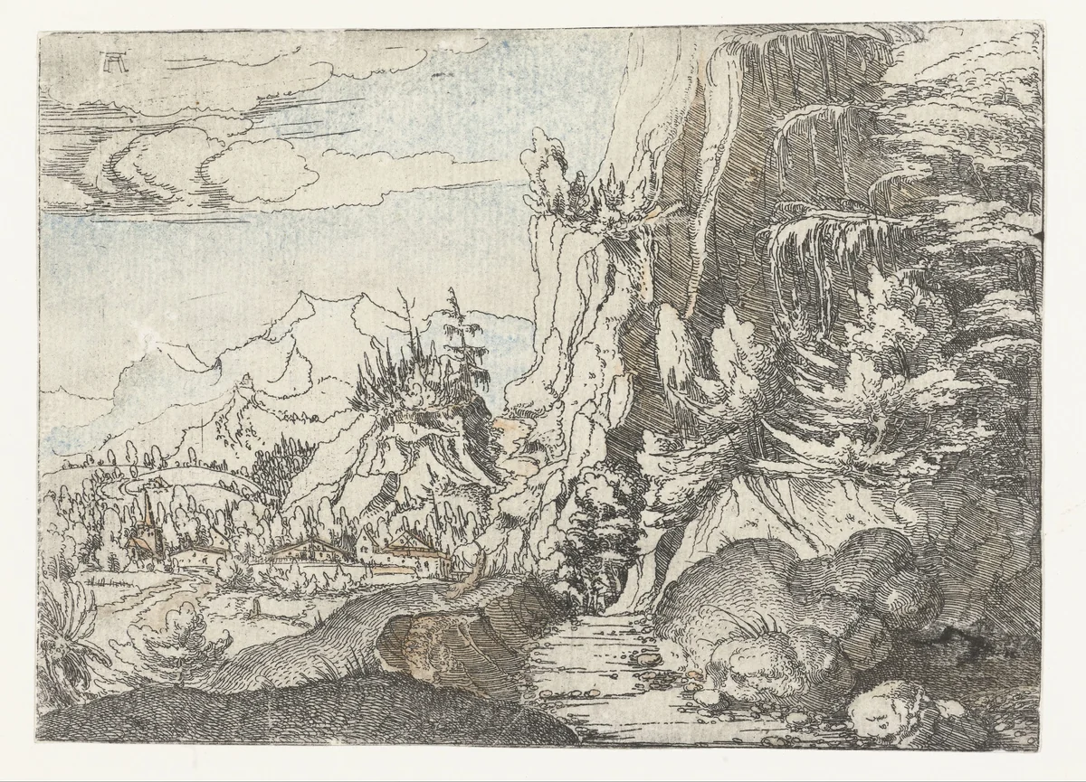 Landschap met donkere rotswand by Unknown, print, 1506-1522