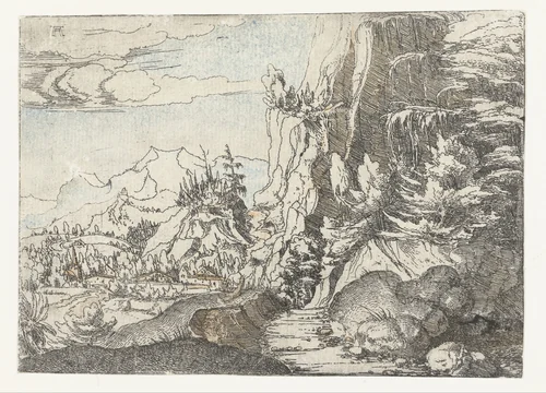 Landschap met donkere rotswand by Unknown, print, 1506-1522