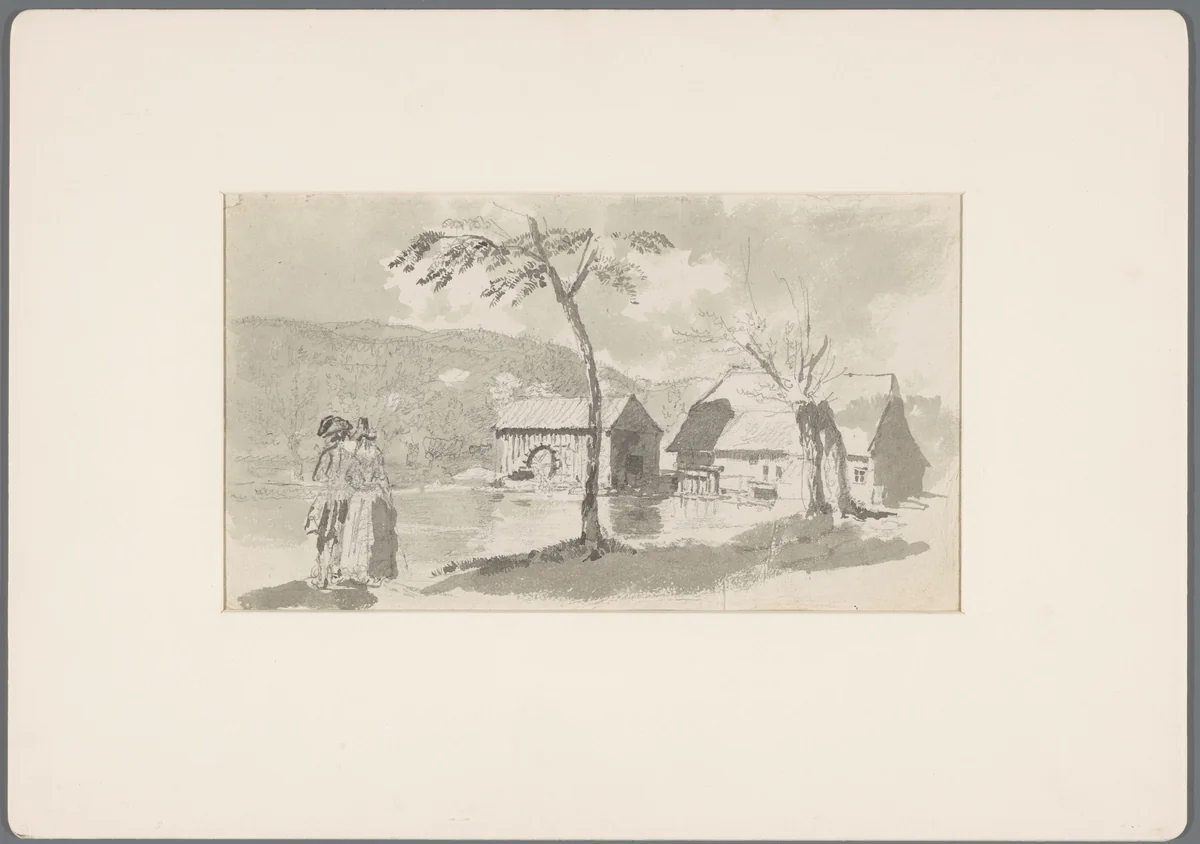 Boerderij met watermolen aan een bergmeer by David de Sandoz-Rollin, drawing, 1750-1809