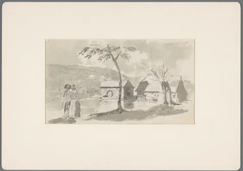 Boerderij met watermolen aan een bergmeer by David de Sandoz-Rollin, drawing, 1750-1809