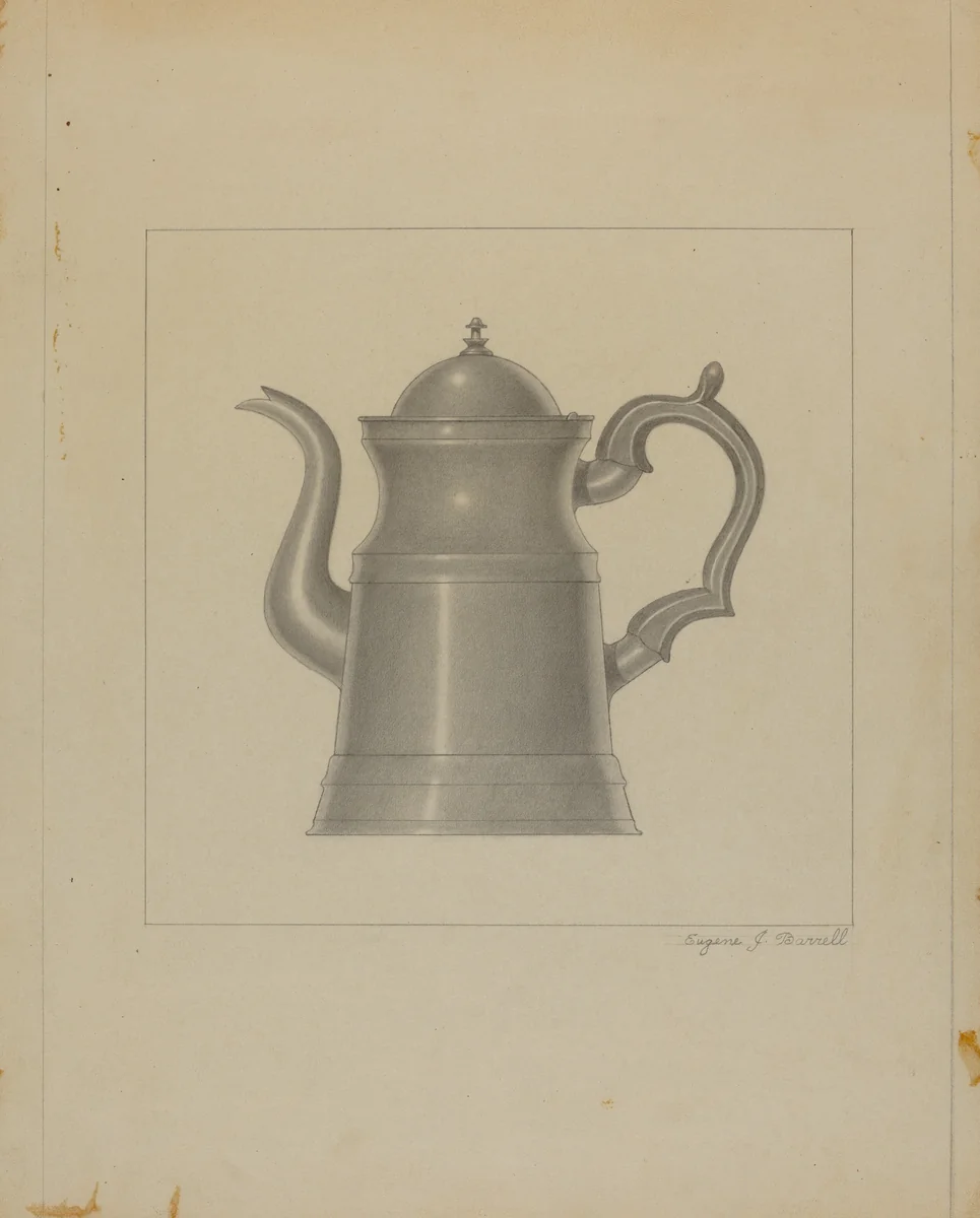Pewter Coffee Pot by Eugene Barrell, index of american design, 1936