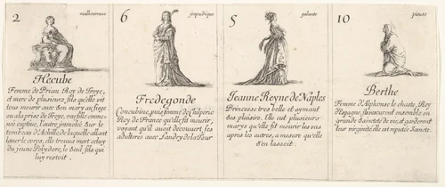 Hecube, Fredegonde, Ieanne Reyne de Naples, and Berthe, from "The Game of Queens" (Le Jeu des Reines Renommées) by Stefano della Bella, print, 1644