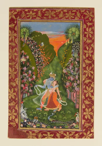 Radha and Krishna Walk in a Flowering Grove (recto); Krishna Fluting (verso) by the Kota Master, painting, 1710-1785
