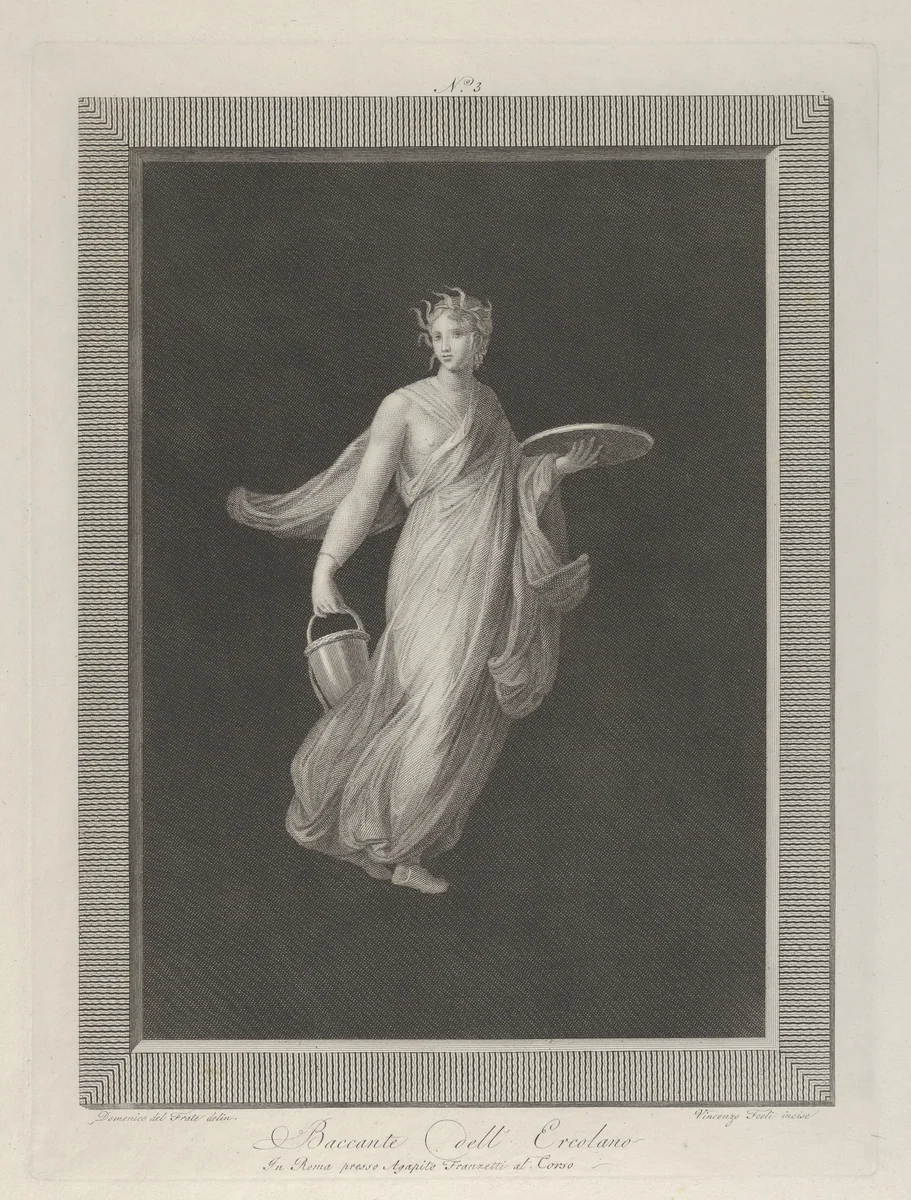A partly naked bacchante holding a disk in her raised left hand and a bucket in her right by Vicenzo Feoli, print, 1790-1820