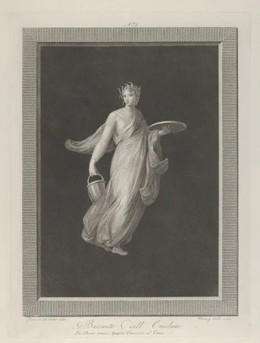 A partly naked bacchante holding a disk in her raised left hand and a bucket in her right by Vicenzo Feoli, print, 1790-1820