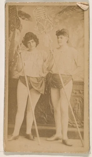 Two actresses holding long poles, from the Actresses series (N245) issued by Kinney Brothers to promote Sweet Caporal Cigarettes by Kinney Brothers Tobacco Company, photograph, 1890