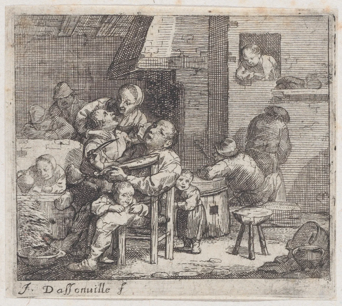 Twelve peasants in a rustic interior with a man looking through a window at upper right by Jacques Dassonville, print, 1635-1675