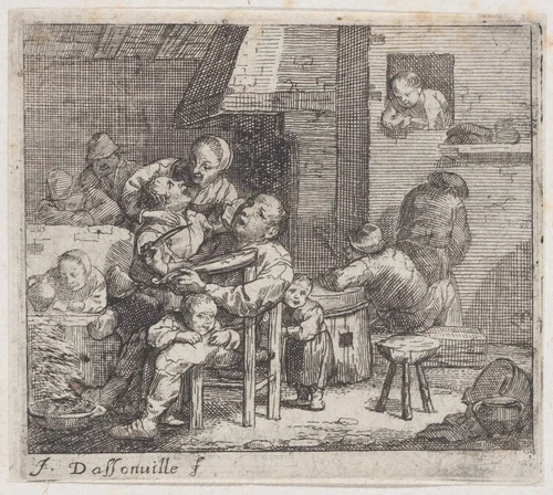 Twelve peasants in a rustic interior with a man looking through a window at upper right by Jacques Dassonville, print, 1635-1675