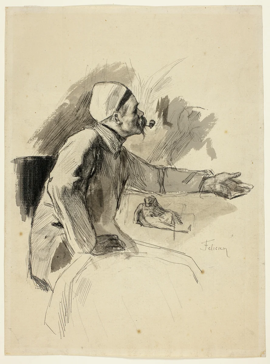 Seated Man with Extended Left Arm by Félicien Rops, drawing, 1853-1898