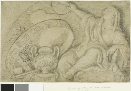Draped Female Figure with Urn and Wheel of Zodiac by Jean Baptiste Louis Massard or Charles Le Brun, drawing, 1792-1810