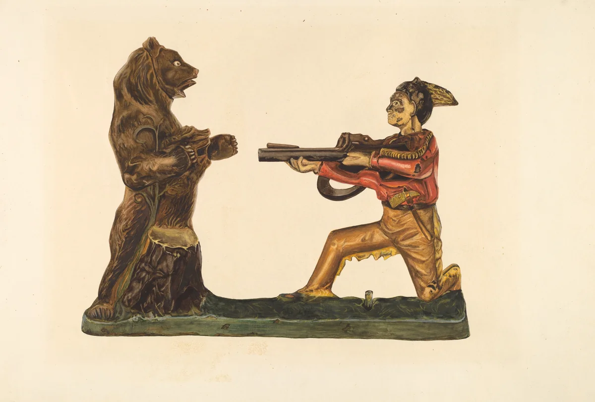Toy Bank: Hunter Shooting Bear by Einar Heiberg, index of american design, 1938