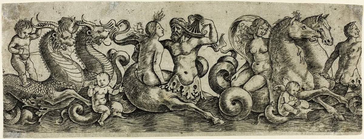 Frieze with Tritons and Nymphs by Girolamo Mocetto, print, 1515-1525