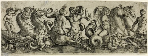 Frieze with Tritons and Nymphs by Girolamo Mocetto, print, 1515-1525