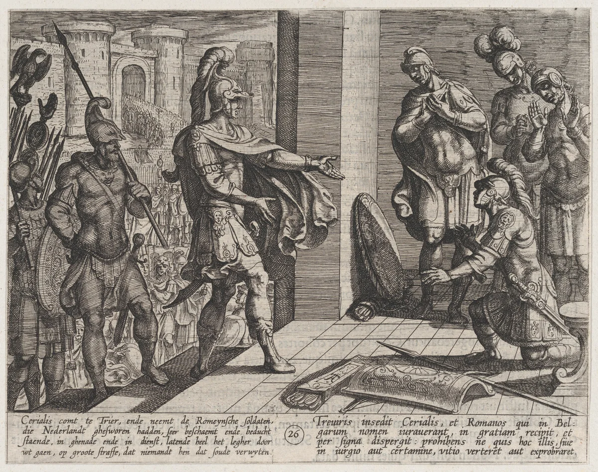 Plate 26: Cerialis Pardons and Relieves Roman Soldiers who had Helped Civilis, from The War of the Romans Against the Batavians (Romanorvm et Batavorvm societas) by Antonio Tempesta, print, 1611-1612