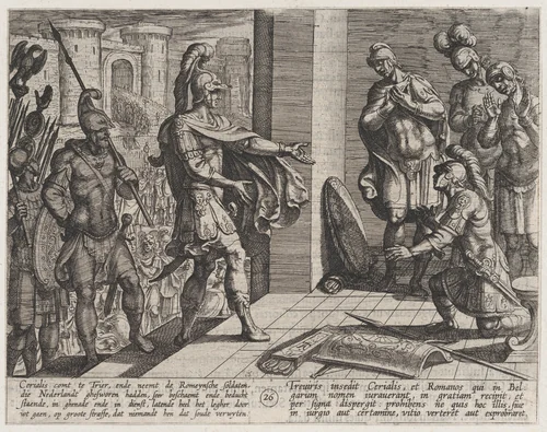 Plate 26: Cerialis Pardons and Relieves Roman Soldiers who had Helped Civilis, from The War of the Romans Against the Batavians (Romanorvm et Batavorvm societas) by Antonio Tempesta, print, 1611-1612