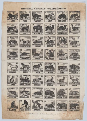 Broadside with 48 scenes of quadrupeds (animals) by José María Marés, print, 1855-1875
