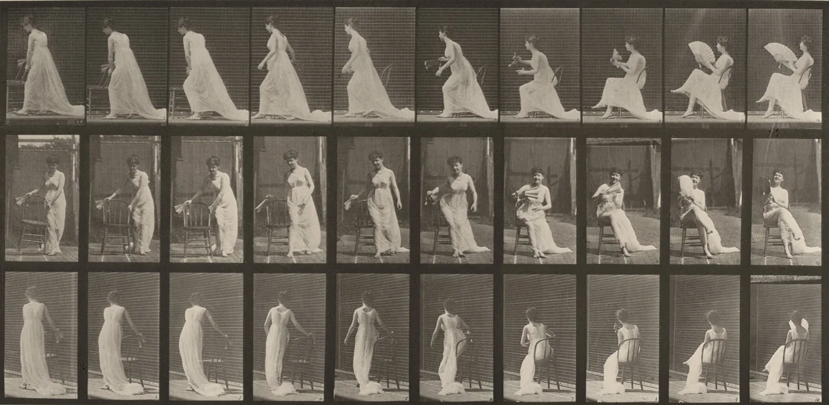 Plate Number 246. Placing chair, sitting and flirting a fan by Eadweard Muybridge, photograph, 1887