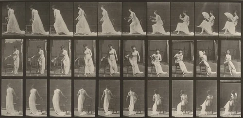 Plate Number 246. Placing chair, sitting and flirting a fan by Eadweard Muybridge, photograph, 1887