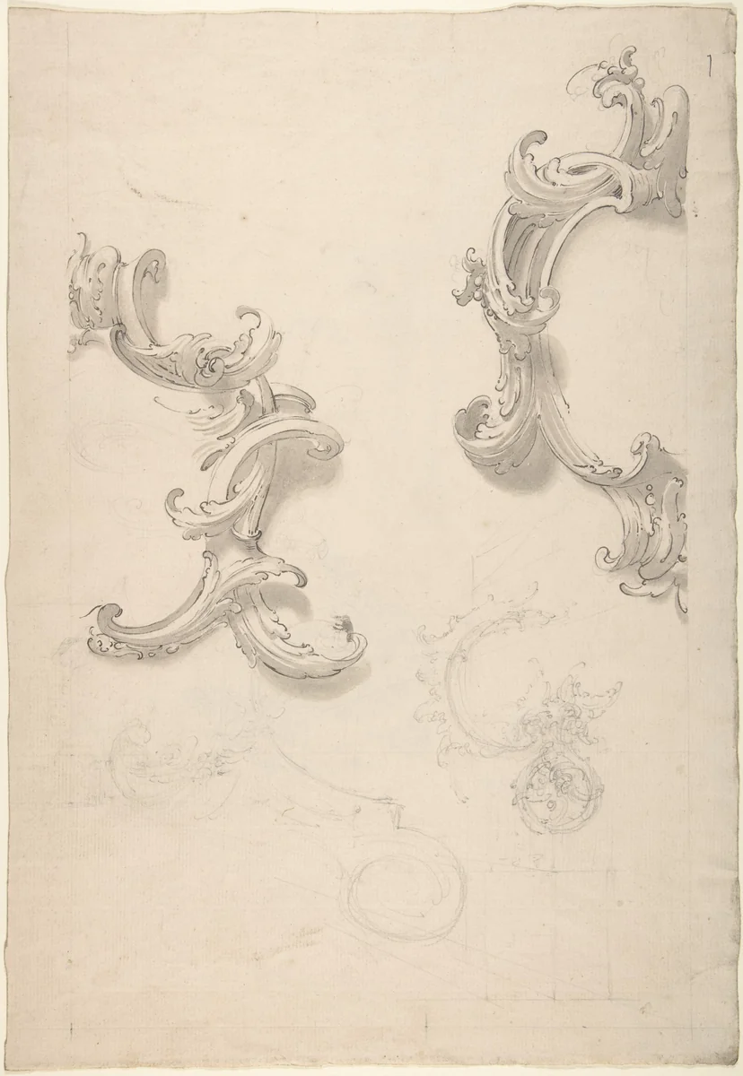 Ornamental Design with Acanthus Leaves (recto); Capital (verso) by anonymous, drawing, 1700-1800