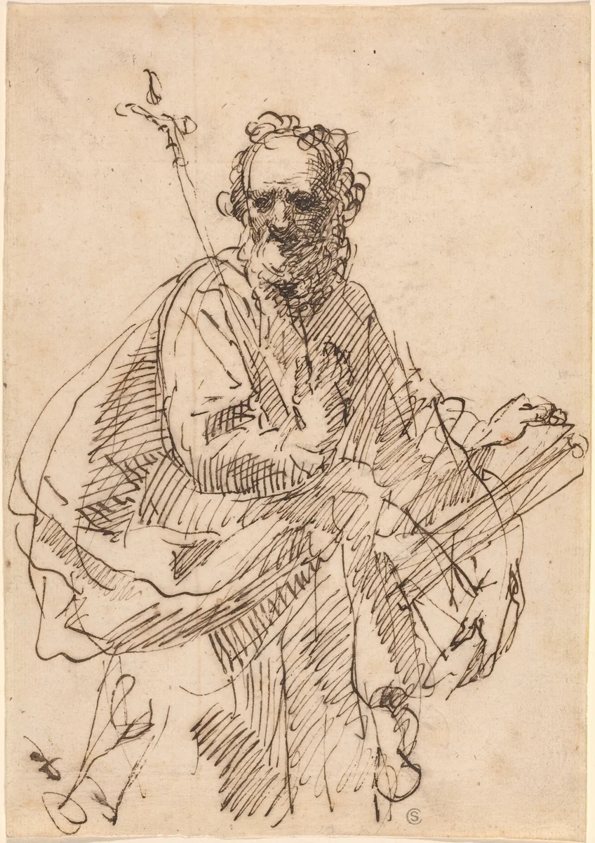 A Standing Saint with a Crucifix and a Book by Francisco Herrera II, drawing, 1622-1685