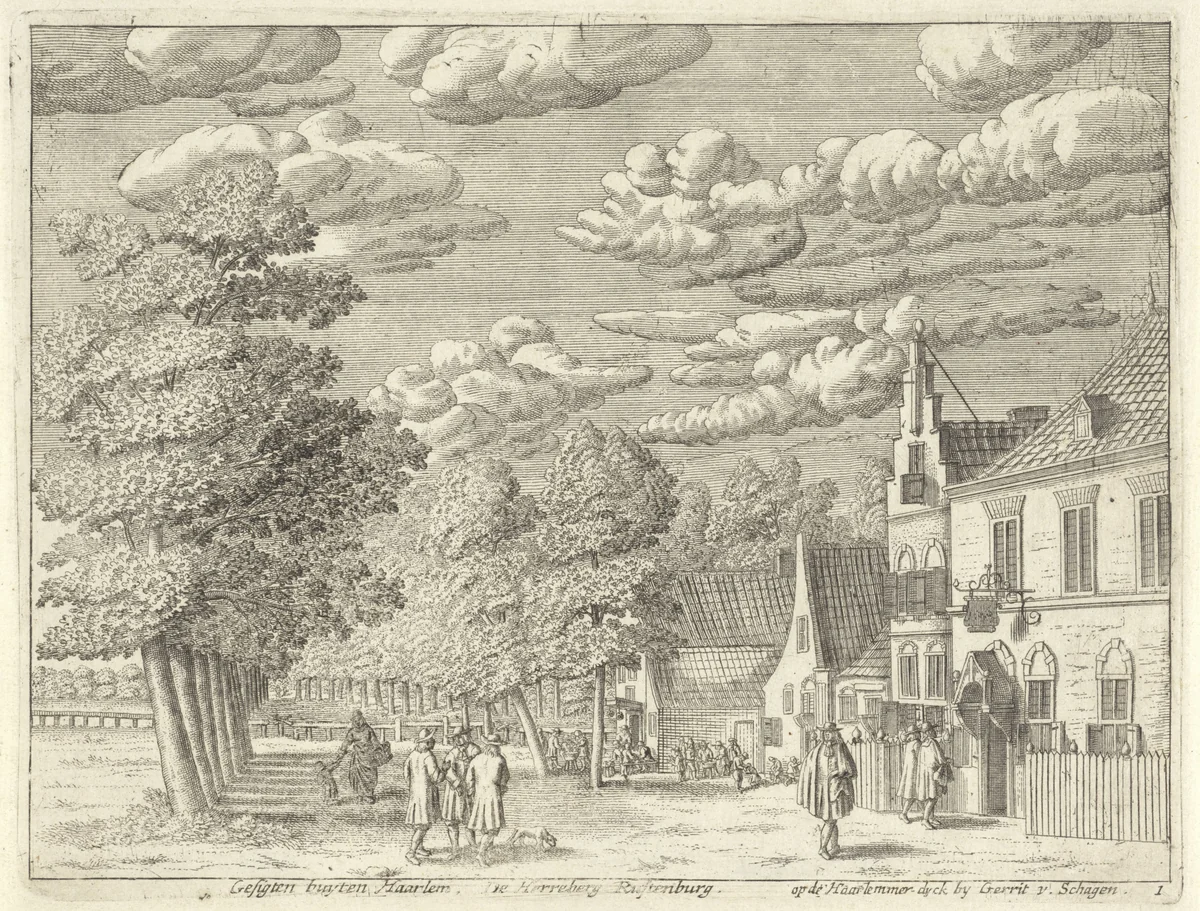 Gezicht op de herberg Rustenburg by anonymous, print, 1690