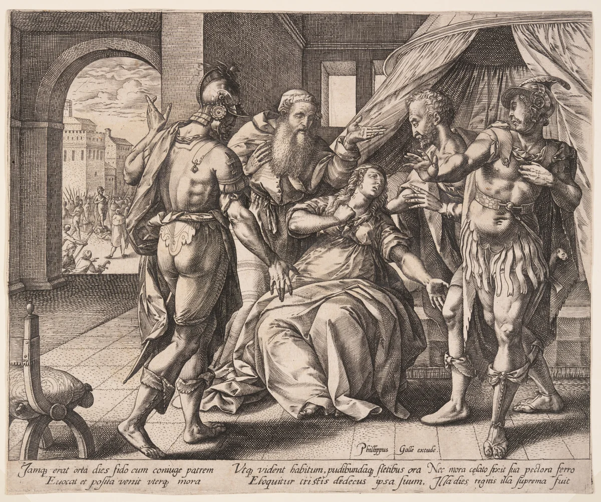 Lucretia Killing Herself, from The Story of Lucretia by Hendrick Goltzius, print, 1578-1579