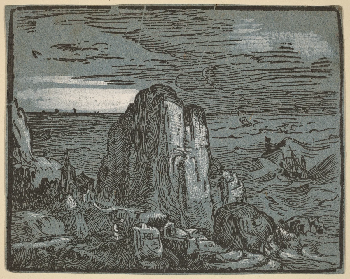 Cliff on a Seashore by Hendrick Goltzius, print, 1592-1595