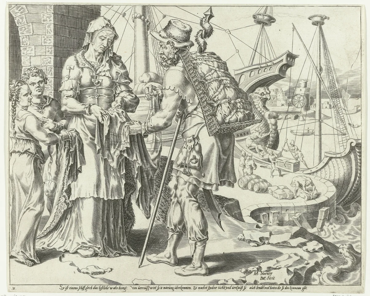 De Deugdzame vrouw verkoopt haar waren by Unknown, print, 1555