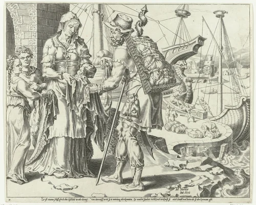 De Deugdzame vrouw verkoopt haar waren by Unknown, print, 1555