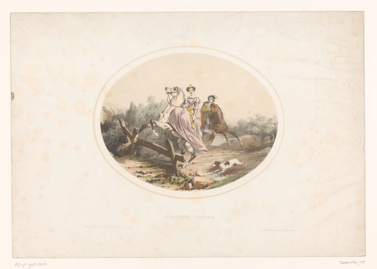 Edelvrouw springt met paard over een hek by Jules Marie Desandré, print, 1840-1870