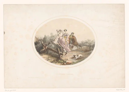 Edelvrouw springt met paard over een hek by Jules Marie Desandré, print, 1840-1870