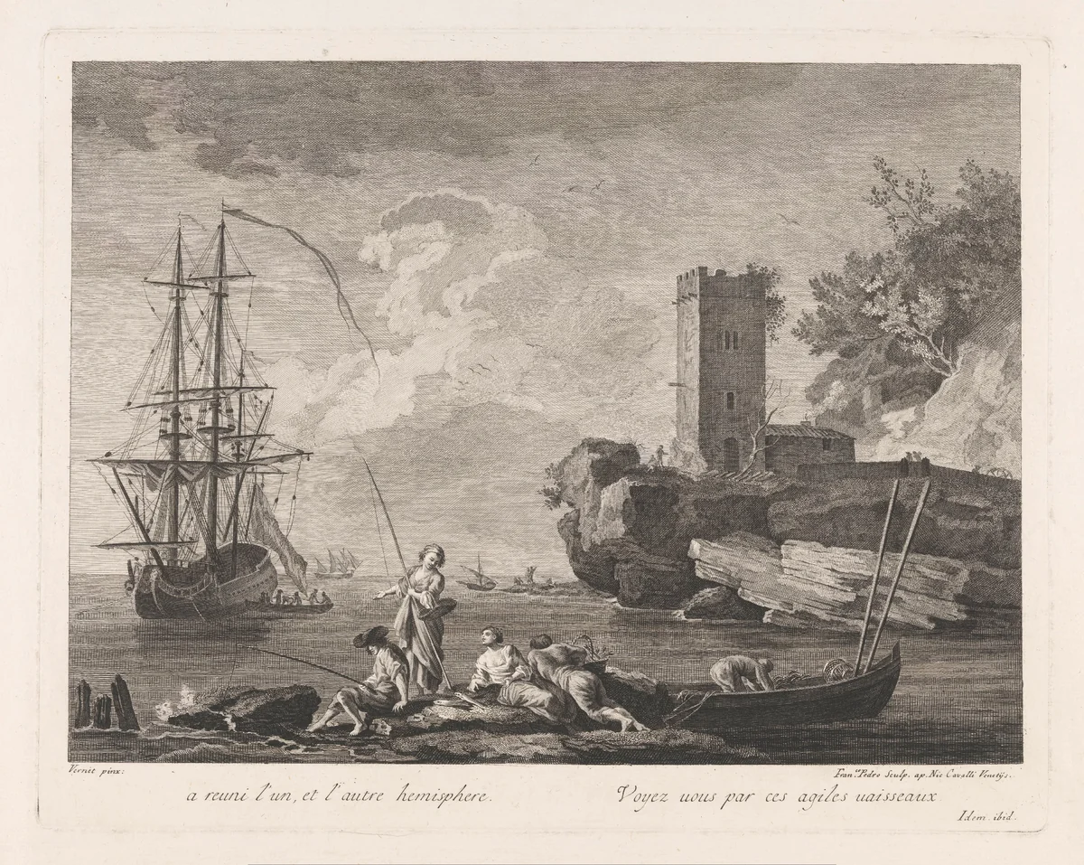 Gezicht op water met vissers by anonymous, print, 1749-1806