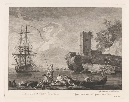 Gezicht op water met vissers by anonymous, print, 1749-1806