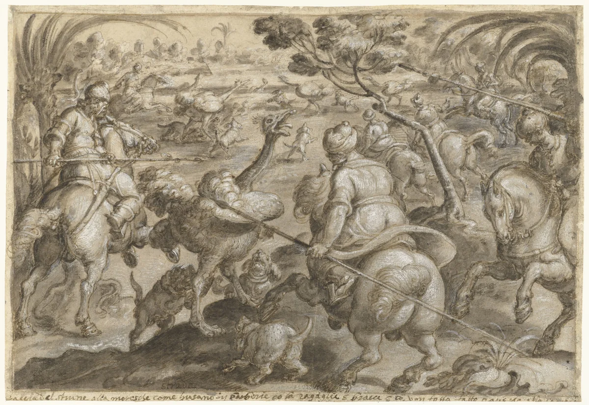 Jacht op struisvogels in Barbarijë by Jan van der Straet, drawing, 1578