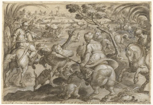 Jacht op struisvogels in Barbarijë by Jan van der Straet, drawing, 1578