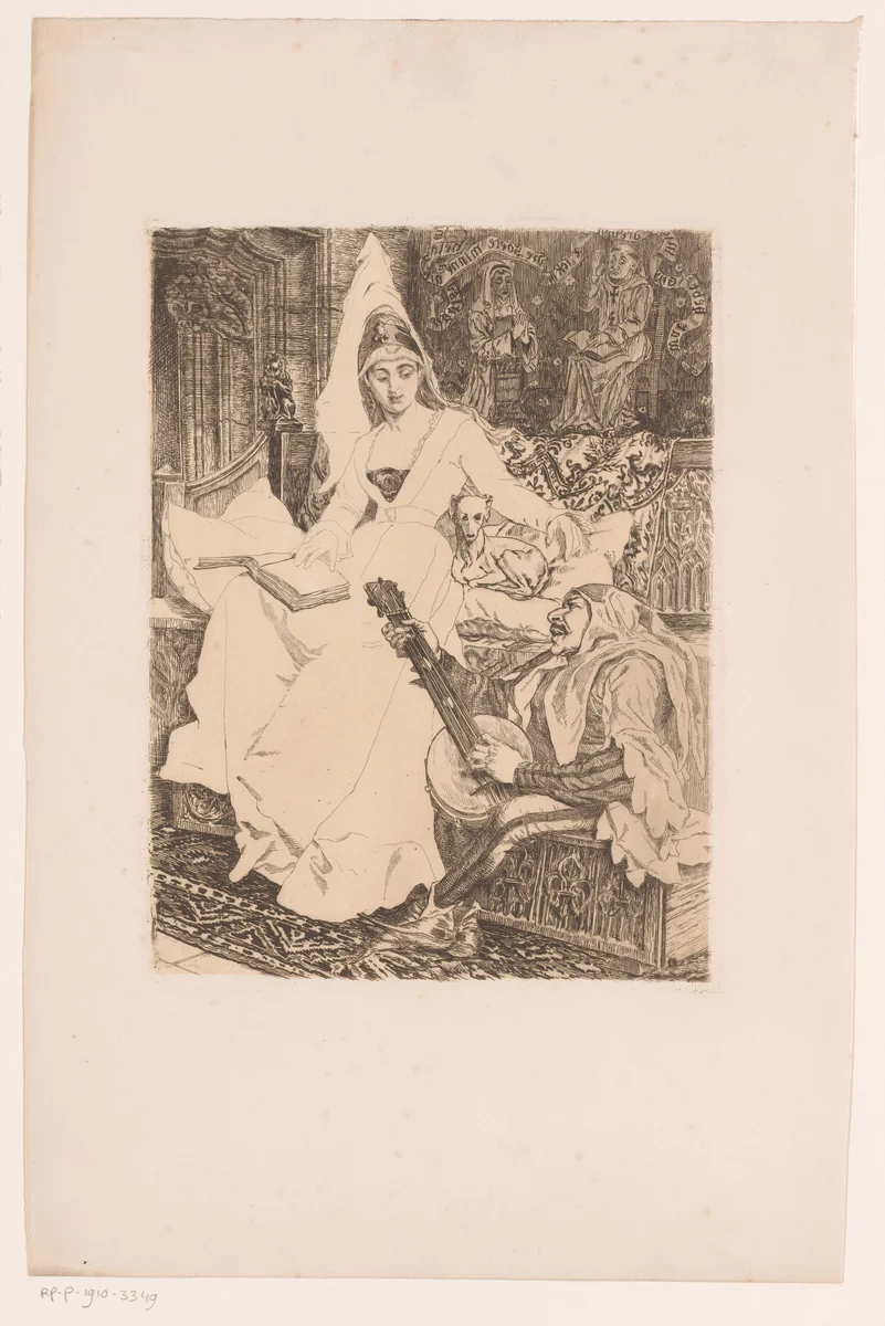 Jonkvrouw en minstreel by Willem Geets, print, 1897