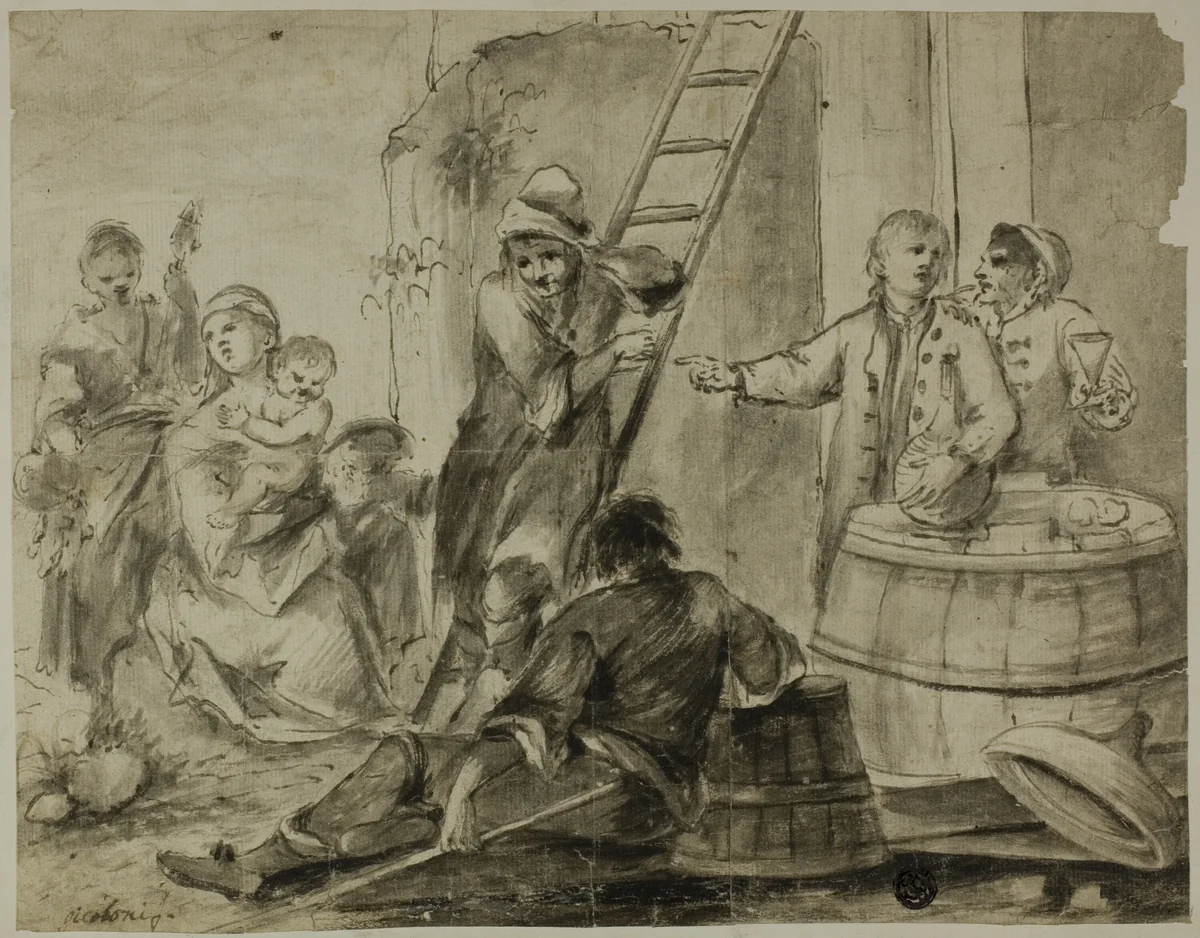Rustic Scene: Men, Women and Children Resting and Drinking Outside Building by Giorgio Giacoboni, drawing, 1700-1777