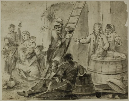 Rustic Scene: Men, Women and Children Resting and Drinking Outside Building by Giorgio Giacoboni, drawing, 1700-1777