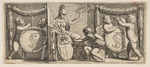 Minerva and the Arms of François Sublet de Noyers Painted by the Genius of Painting by Abraham Bosse, print, 1630-1676