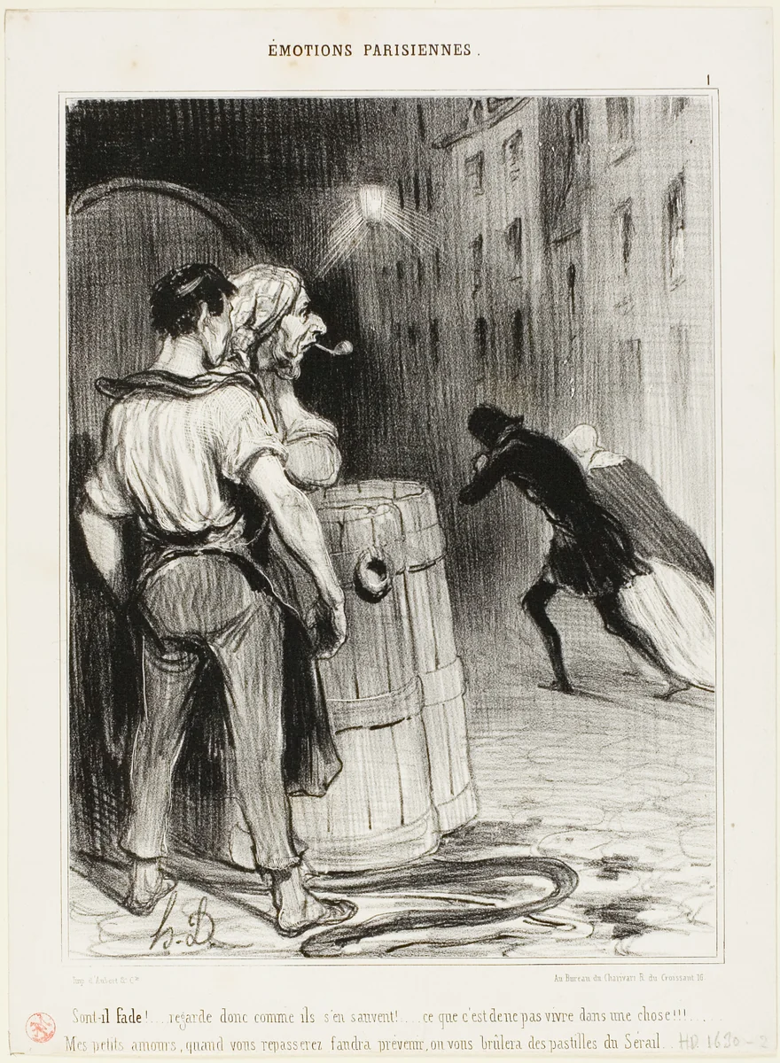 “How silly ! Just look how they run. That's what you get when you are at the wrong place. Just you wait! Next time, tell us in advance and we'll take good care of you...,” plate 1 from Émotions Parisiennes by Honoré-Victorin Daumier, print, 1839