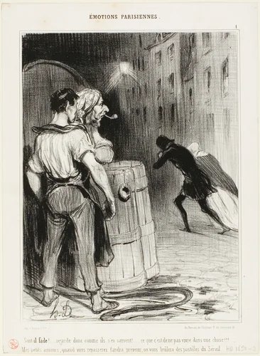 “How silly ! Just look how they run. That's what you get when you are at the wrong place. Just you wait! Next time, tell us in advance and we'll take good care of you...,” plate 1 from Émotions Parisiennes by Honoré-Victorin Daumier, print, 1839
