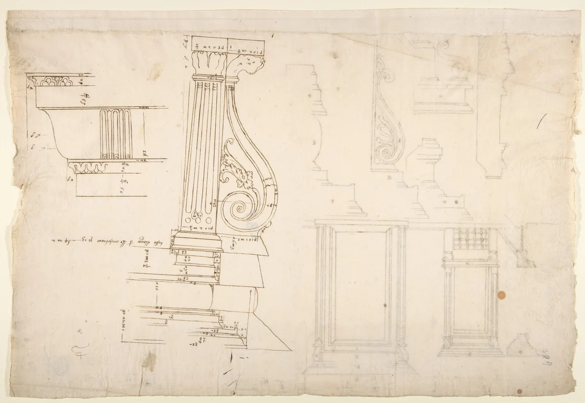 Palazzo Massimo alle Colonne, fireplace, details; Unknown, cornice, profile (recto) Palazzo Massimo alle Colonne, door and window, details (verso) by anonymous, drawing, 1500-1560