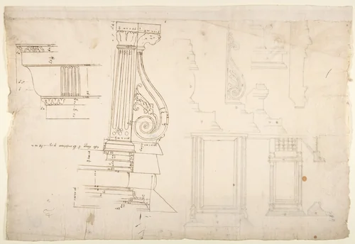 Palazzo Massimo alle Colonne, fireplace, details; Unknown, cornice, profile (recto) Palazzo Massimo alle Colonne, door and window, details (verso) by anonymous, drawing, 1500-1560