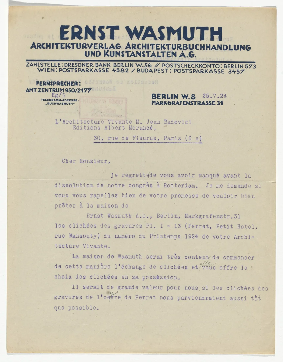Ernst Wasmuth letterhead (Letter to Jean Badovici from Wasmuth) by Unidentified Designer, design, 1924